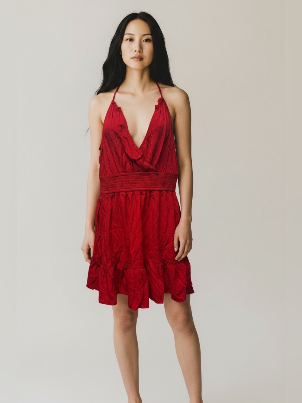 Cupshe Red Halter Mini Dress Size M – Plunging V-Neck Tiered Smocked Waist